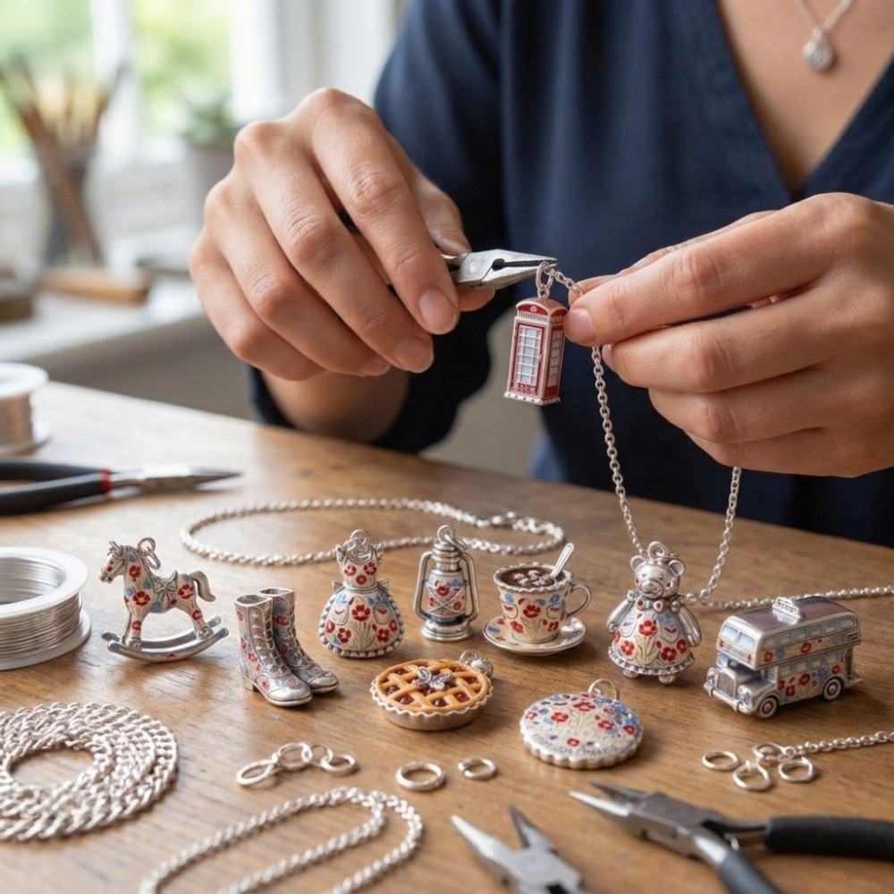 Jewelry Making London - かわいいステンレス製の漫画風ペンダント。ミニチュアの英国をテーマにしたジュエリー製作用チャーム。ロンドンをテーマにしたエナメル素材のDIYチャーム。女性向け。